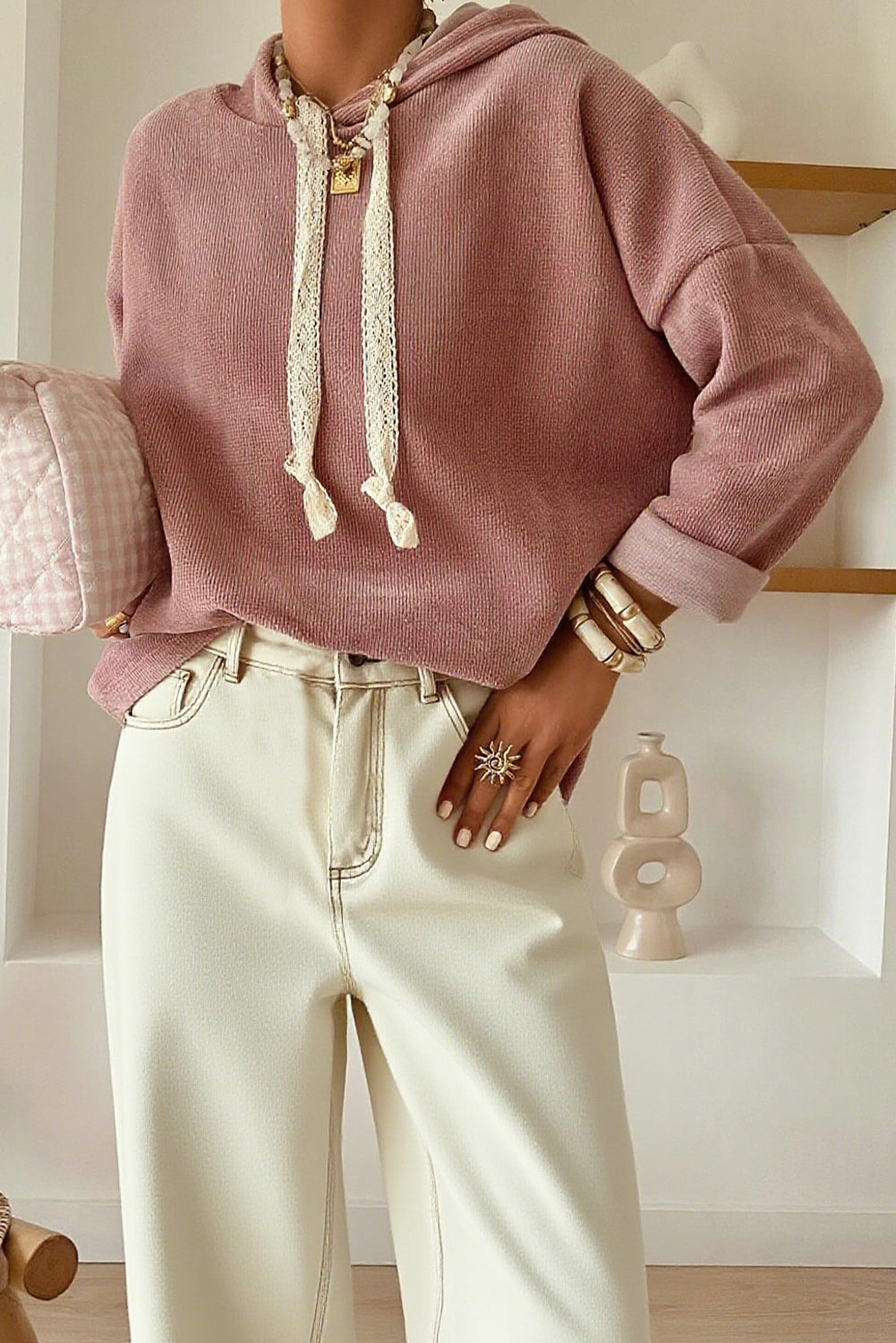 Rose Tan Thermal Textured Lace Drawstring Baggy Hoodie