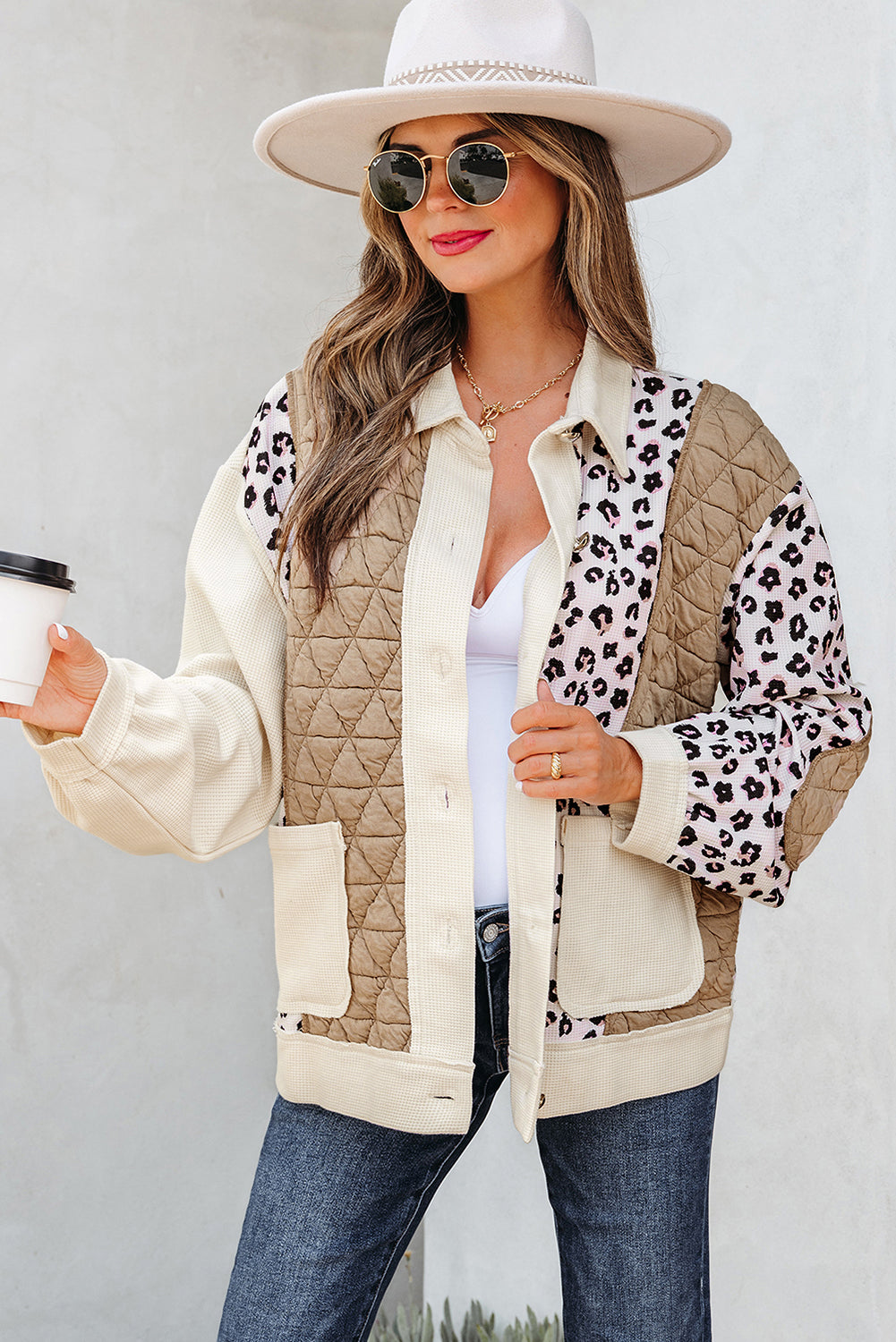 Leopard Waffle Quilted Patchwork Button Front Jacket