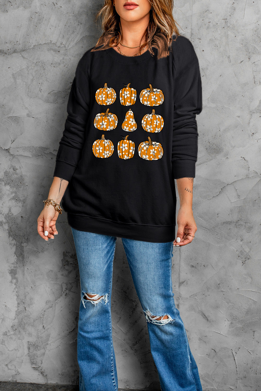 Pumpkin Round Neck Long Sleeve Sweatshirt - Aaria Tees Aaria Tees