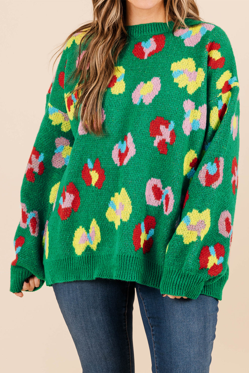 Green Plus Size Floral Knitted Ribbed Edge Drop Shoulder Sweater Aaria Tees Aaria Tees