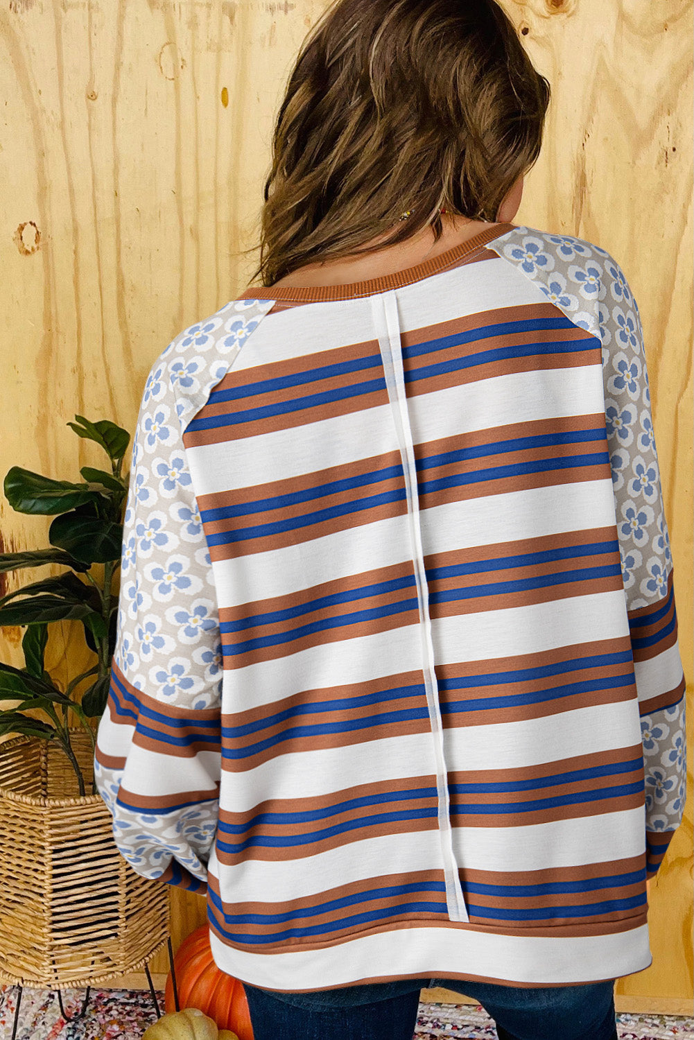 White Striped Floral Printed Patchwork Lantern Sleeve Blouse Aaria Tees