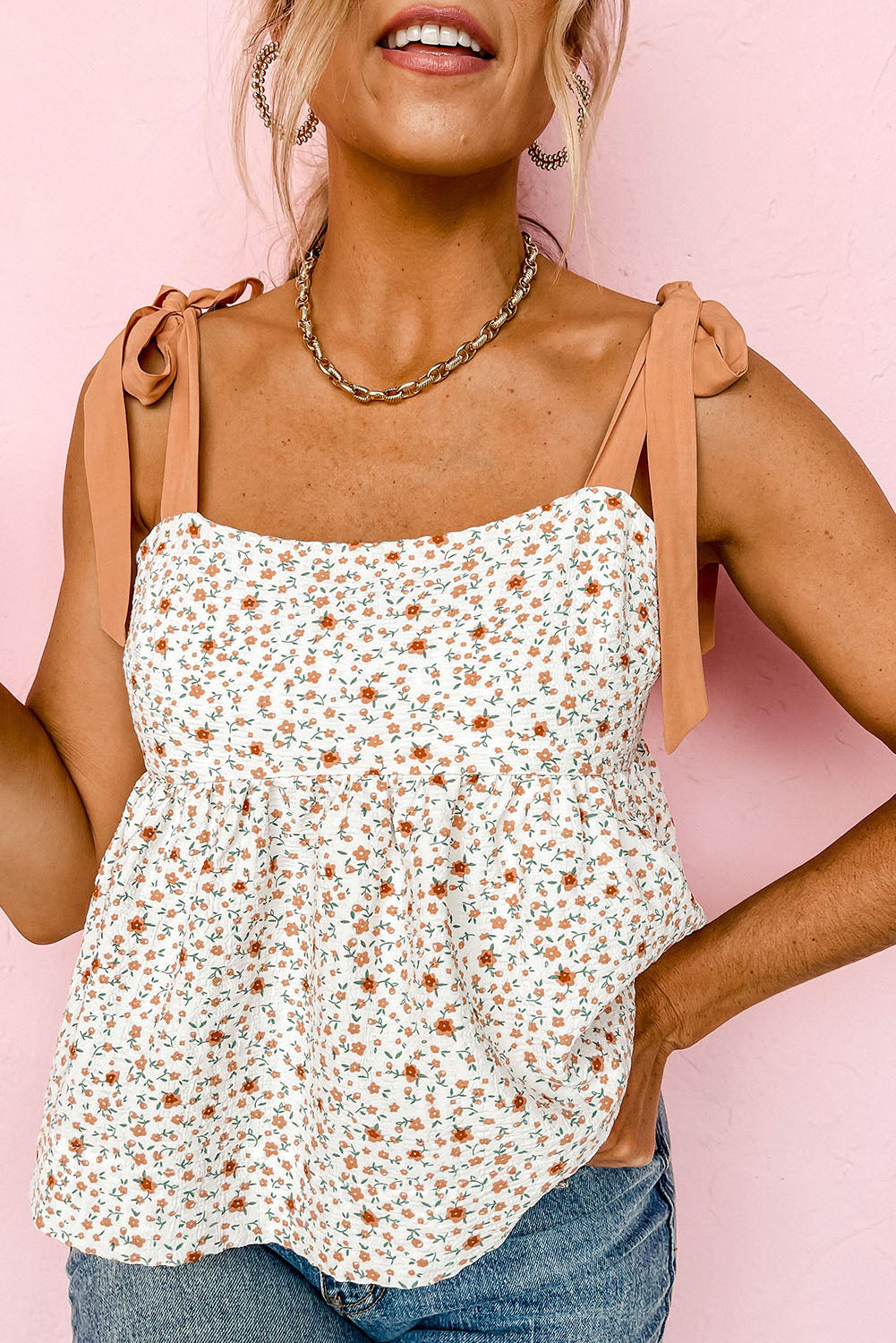 White Tied Shoulder Floral Print Babydoll Tank Aaria Tees