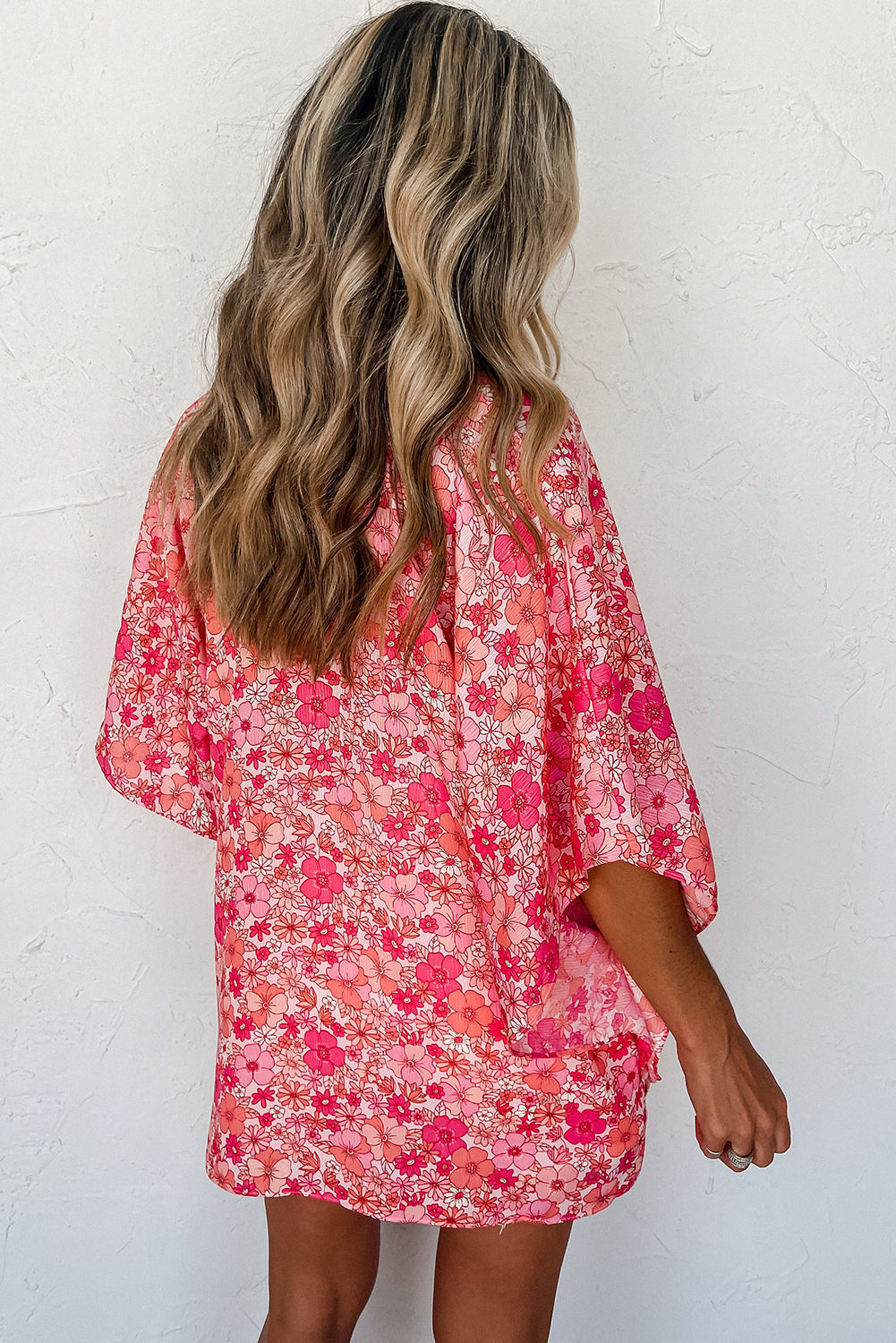 Pink Boho Floral V Neck Kimono Style Blouse Aaria Tees
