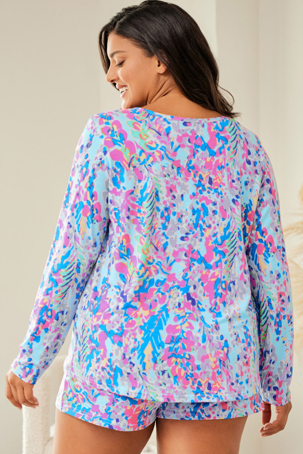 Sky Blue Plus Size Floral Print Long Sleeve and Shorts Lounge Outfit Aaria Tees