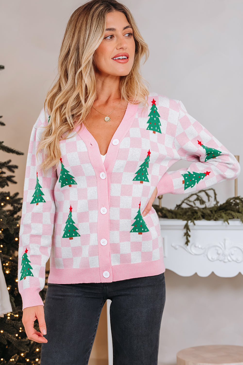 Pink Checkered Christmas Tree Pattern Button V Neck Cardigan Sweater