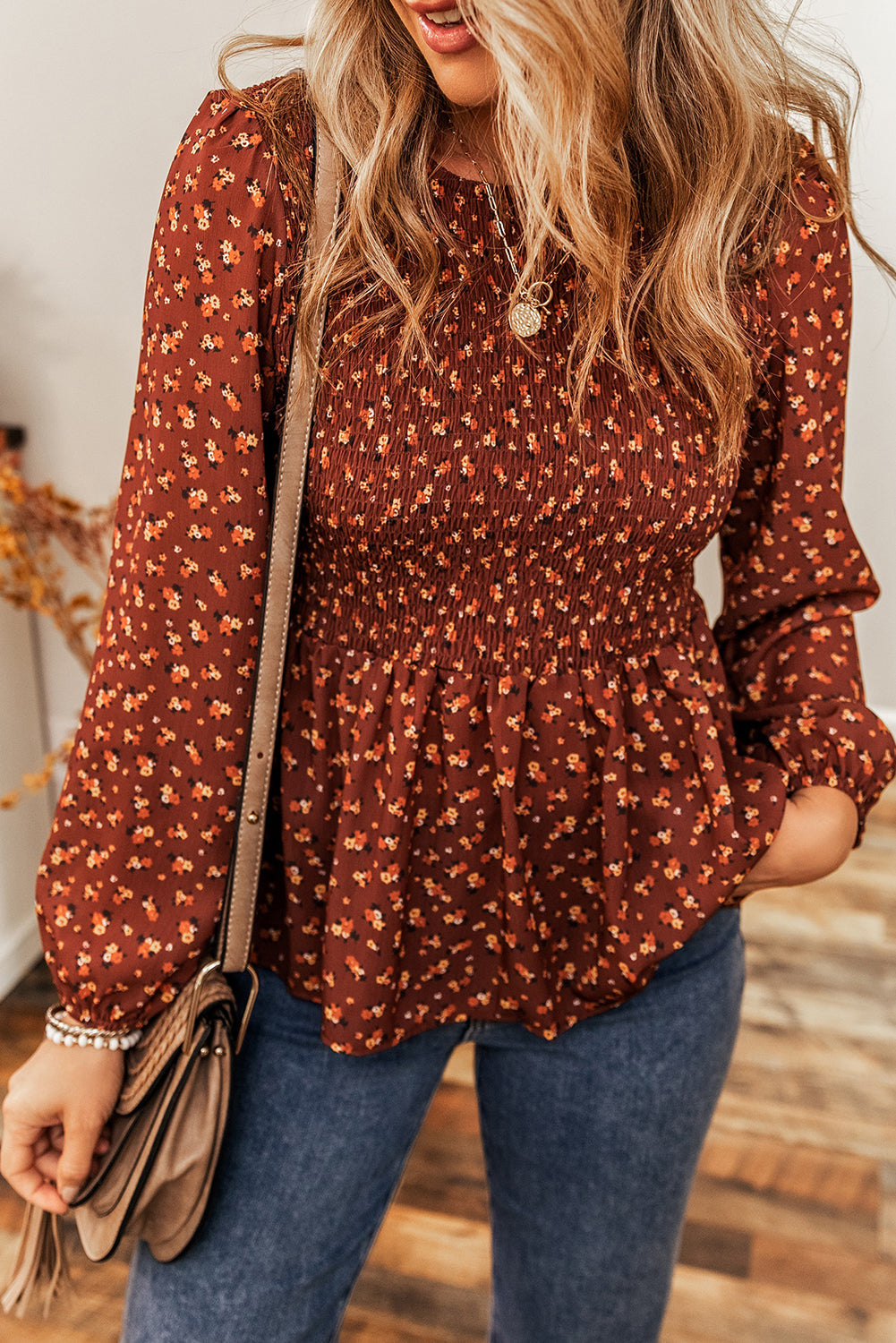 Boho Floral Smocked Bust Ruffled Peplum Blouse Aaria Tees
