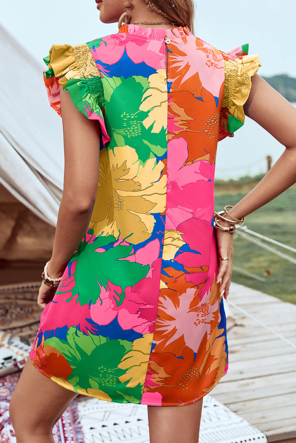 Blue Bold Floral Flutter Sleeve Shift Mini Dress with Pockets Aaria Tees