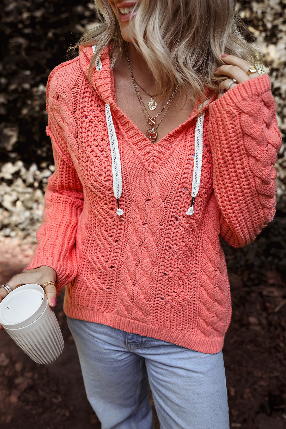 Sariah Cable Knit Drawstring Hooded Sweater - Aaria Tees Aaria Tees