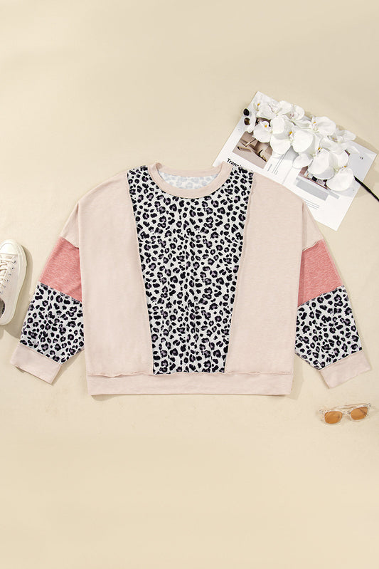 Plus Size Leopard Colorblock Patchwork Reverse Stitch Top