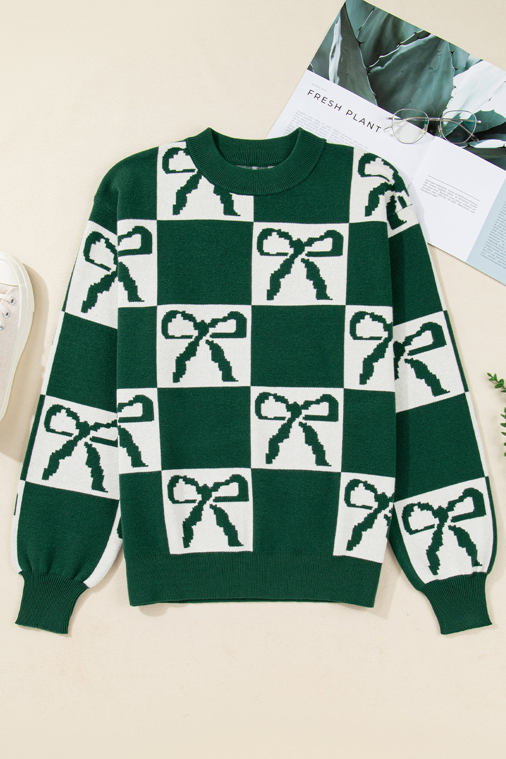 Blackish Green Checkered Bow Print Casual Sweater