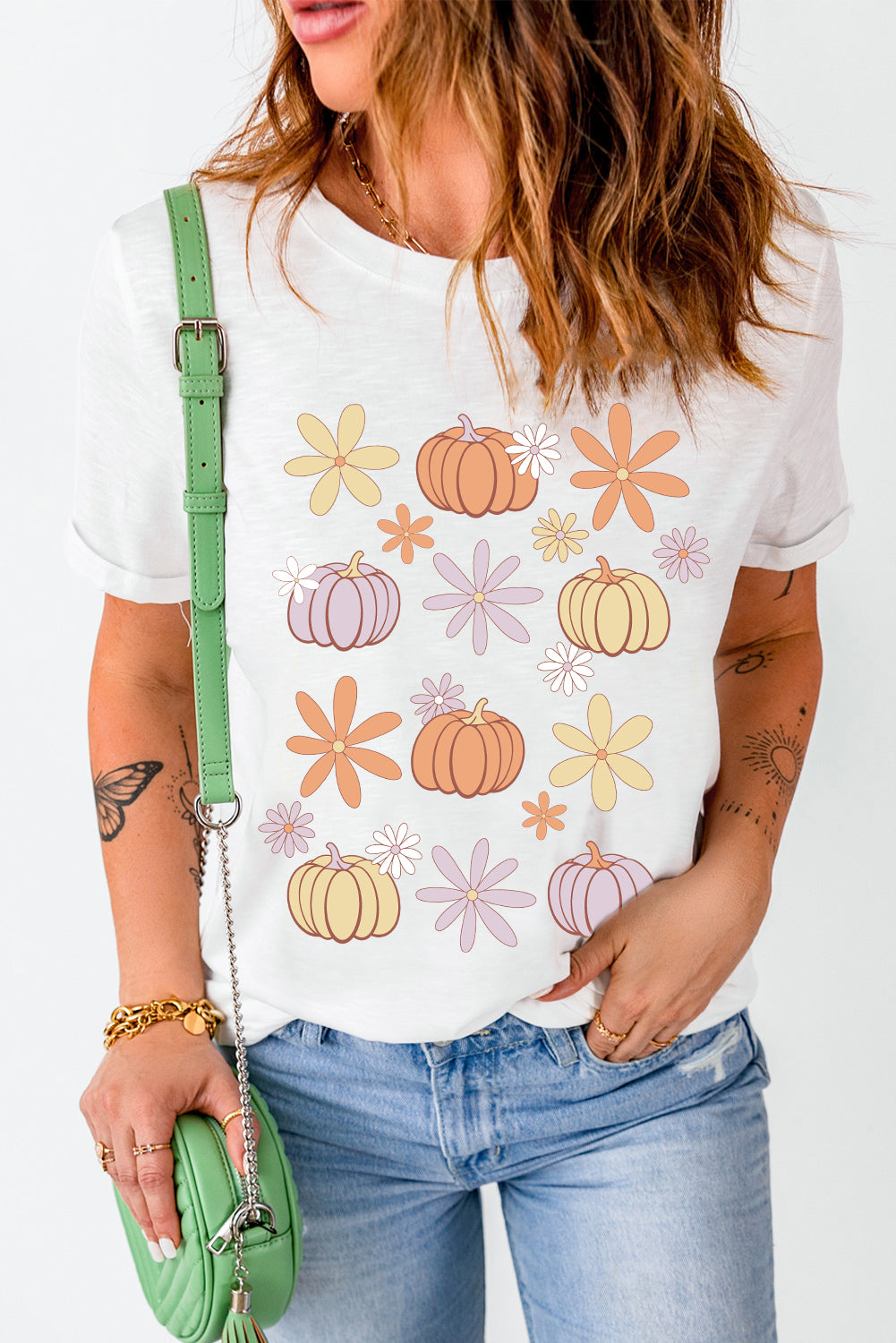 Pumpkin & Flower Round Neck Short Sleeve T-Shirt - Aaria Tees Aaria Tees