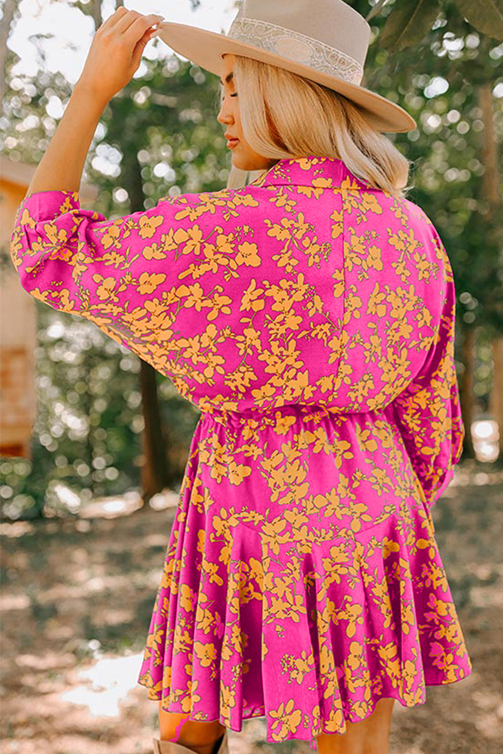 Pink Floral Print Drawstring Tunic Flowy Short Dress - Aaria Tees Aaria Tees