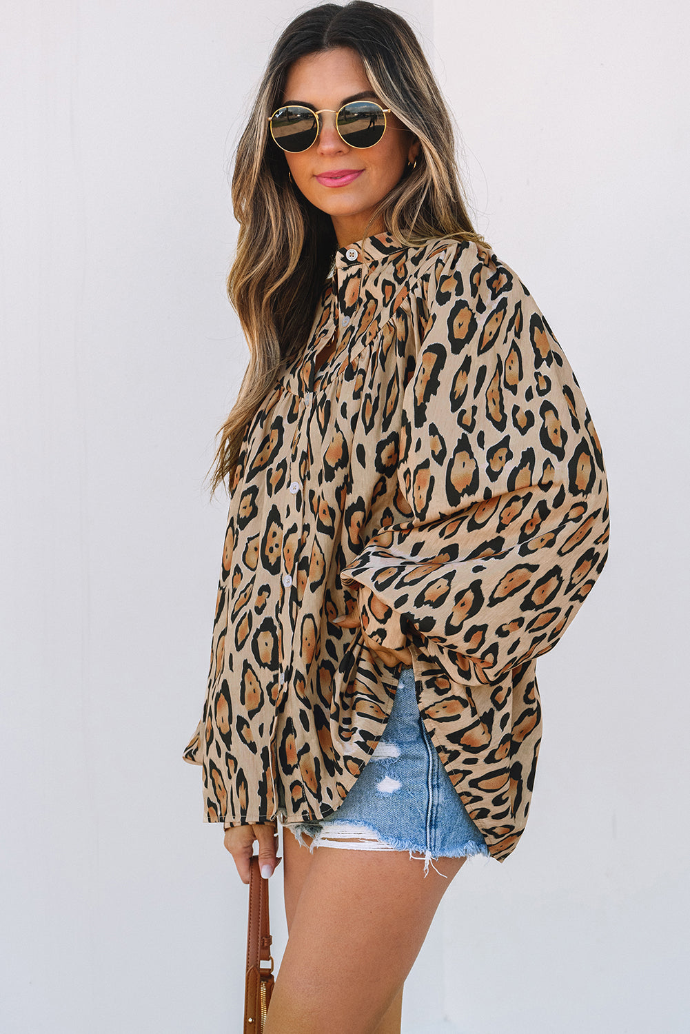 Jet Stream Oversized Leopard Print Balloon Sleeve Casual Shirt - Aaria Tees