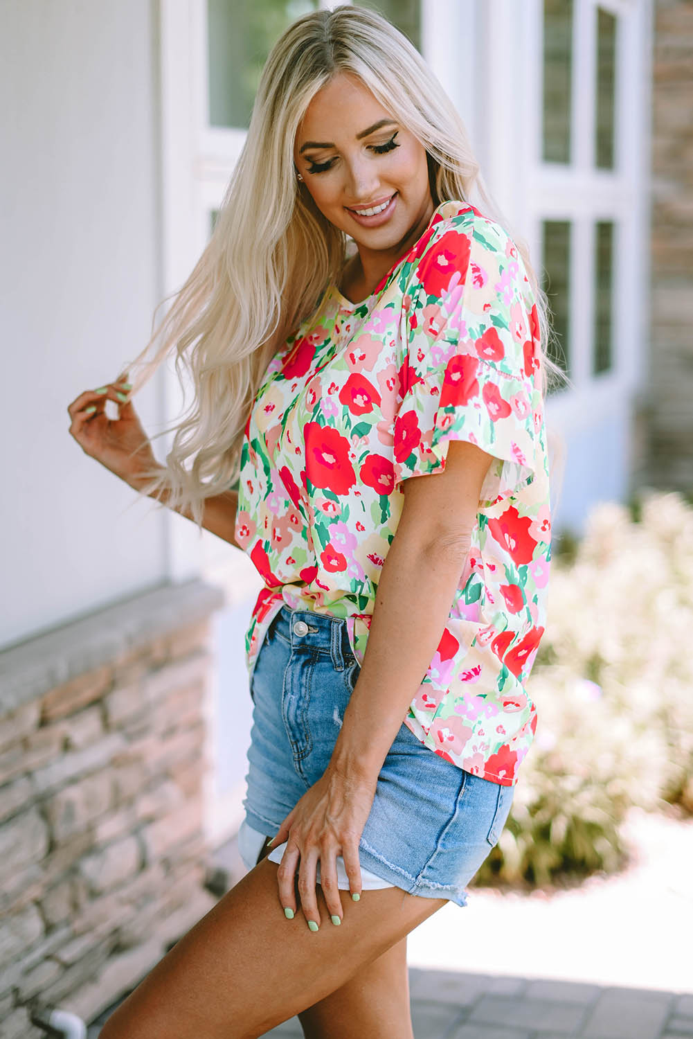 Fiery Red Floral Print Ruffled Short Sleeve V Neck Blouse Aaria Tees