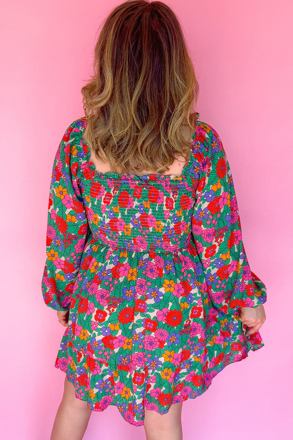 White Plus Size Floral Frilled Square Neck Shirred Long Sleeve Dress Aaria Tees