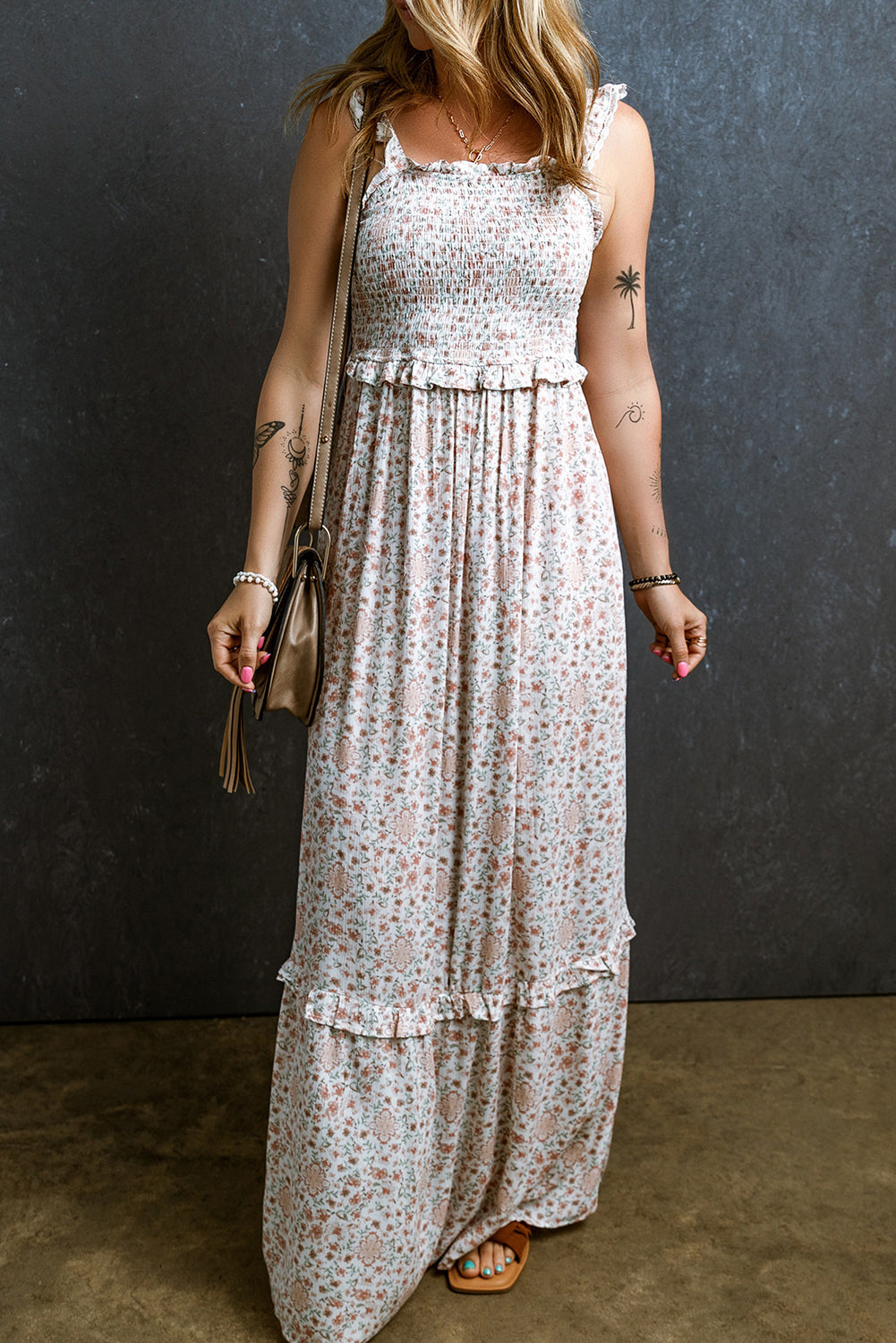 White Lace Frilly Straps Shirred Floral Maxi Dress Aaria Tees