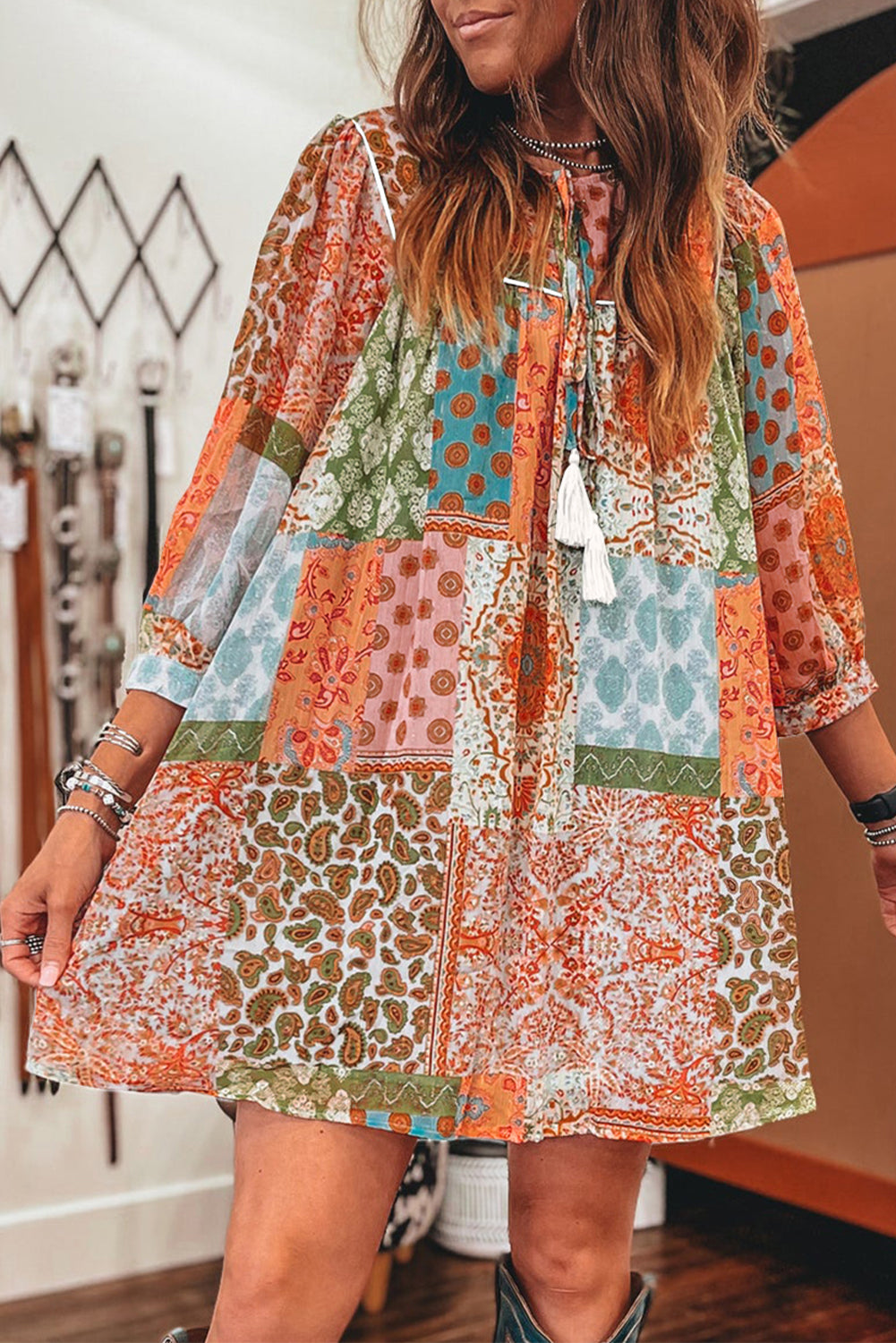 Orange Boho Paisley Mixed Print 3/4 Sleeve Chiffon Loose Dress Aaria Tees Aaria Tees