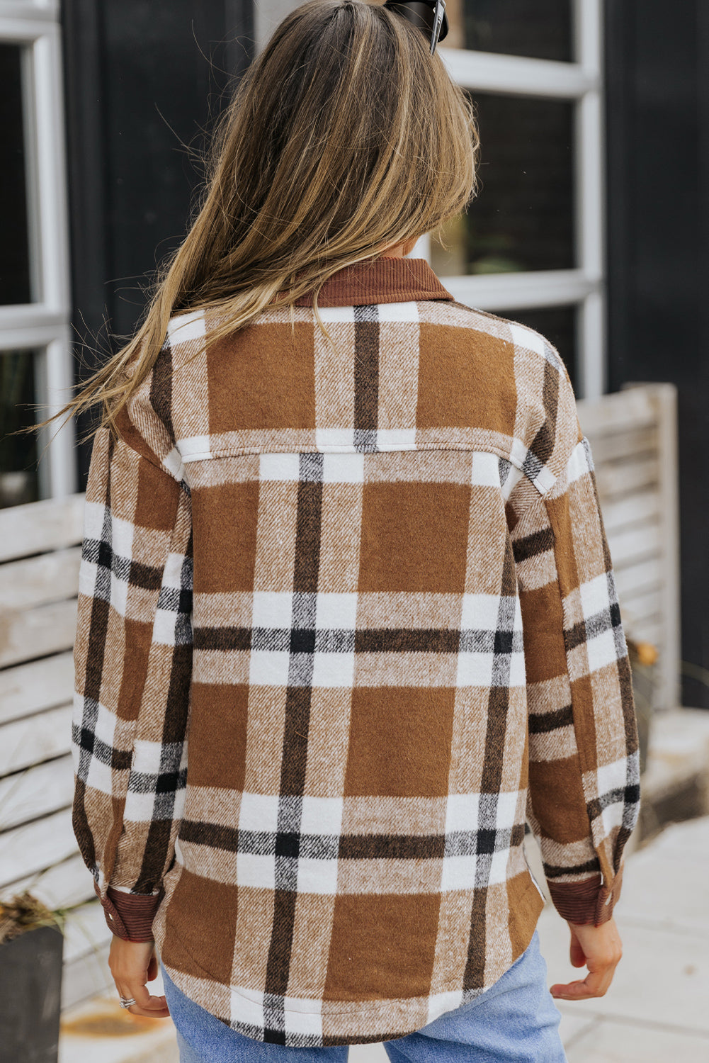 Phoebe Pocketed Buttoned Plaid Shirt Jacket Threaded Pear Aaria Tees