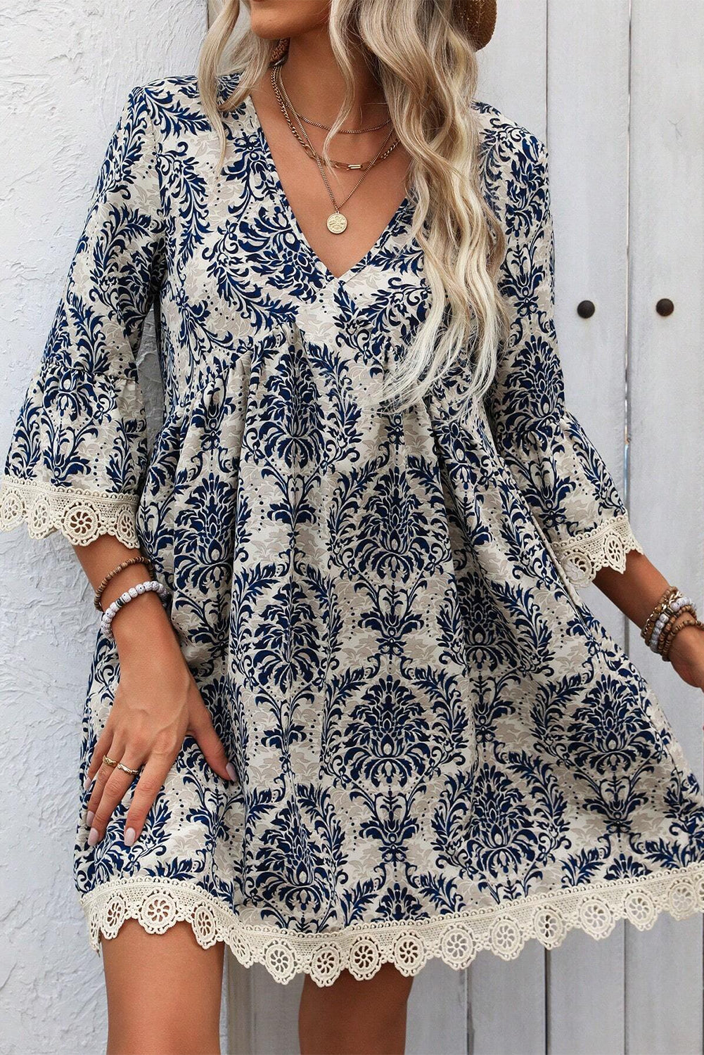 Sky Blue Vintage Printed Lace Trim V Neck 3/4 Sleeve Loose Dress Aaria Tees Aaria Tees