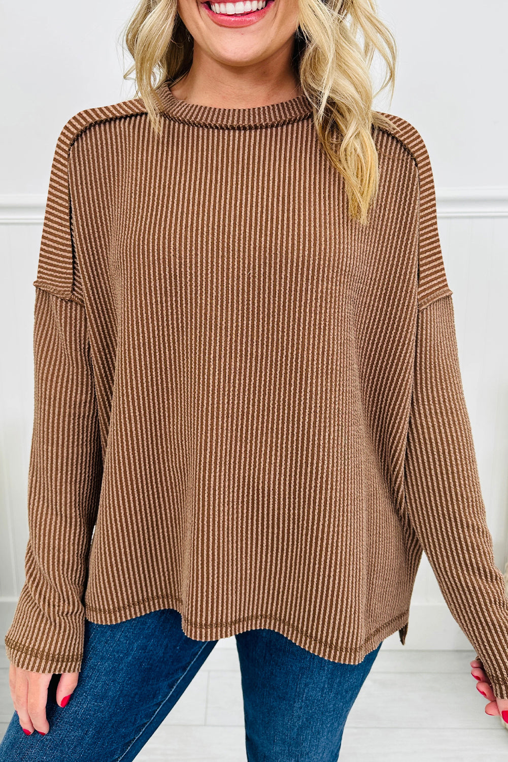 Dark Khaki Twist Ribbed Exposed Seam Detail Long Sleeve Loose Top