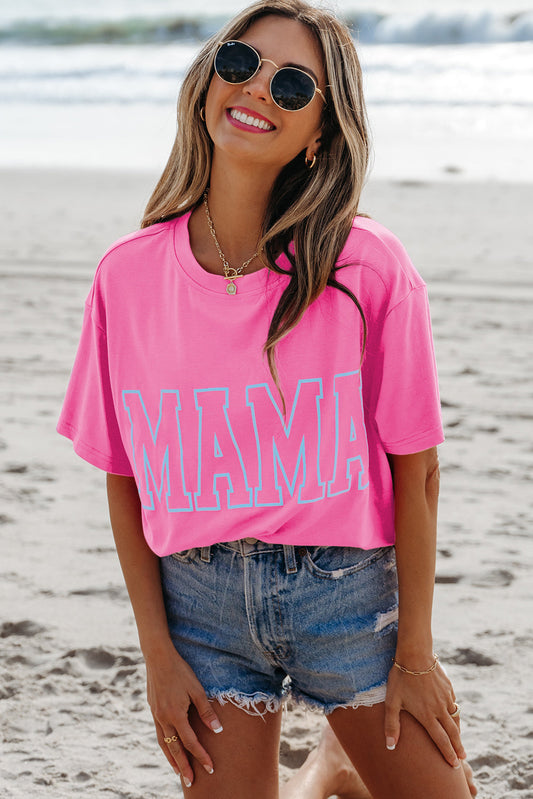 Bright Pink MAMA Letter Graphic Neon T Shirt Aaria Tees