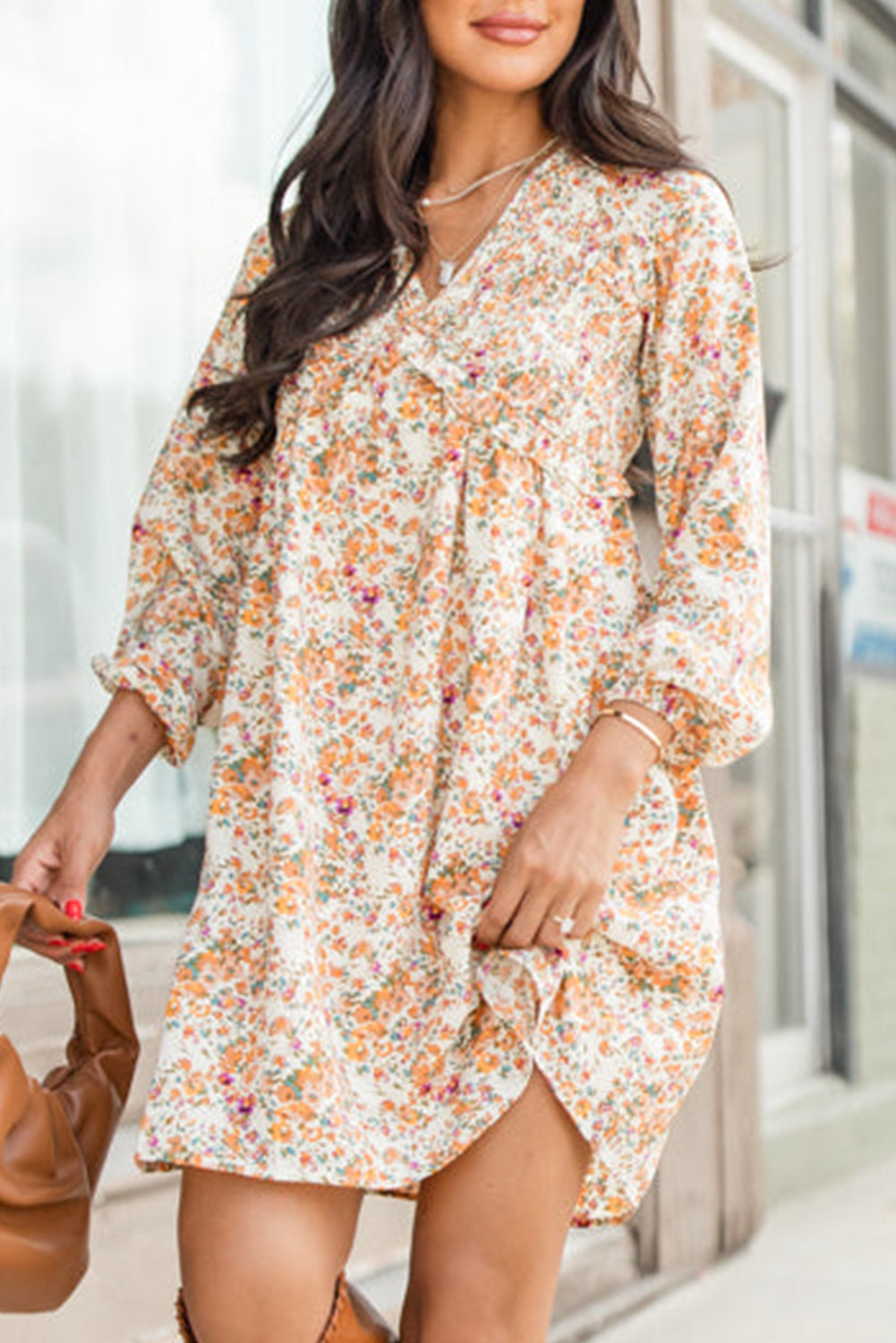 Yellow Boho Floral V Neck Ruffled Empire Waist Long Sleeve Mini Dress Aaria Tees