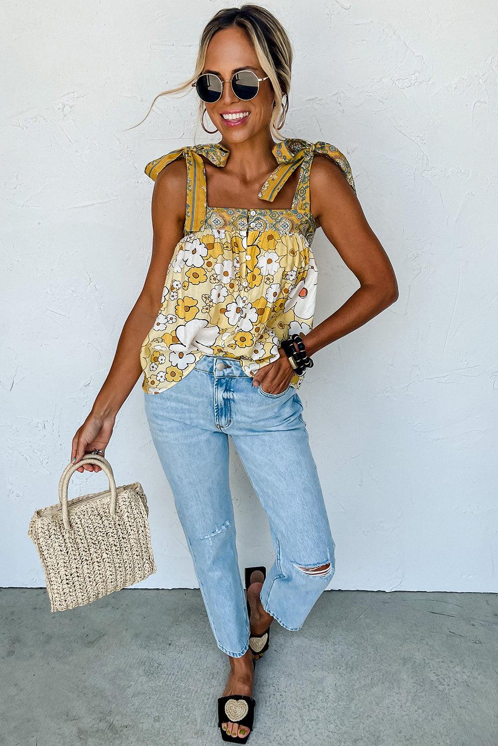 Yellow Floral Patchwork Tied Straps Buttoned Tank Top Aaria Tees