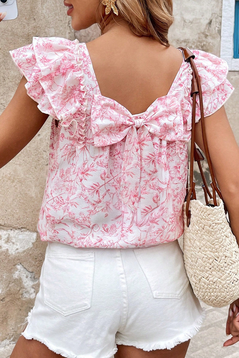Sky Blue Floral Ruffled Short Sleeve Bow Back Square Neck Blouse