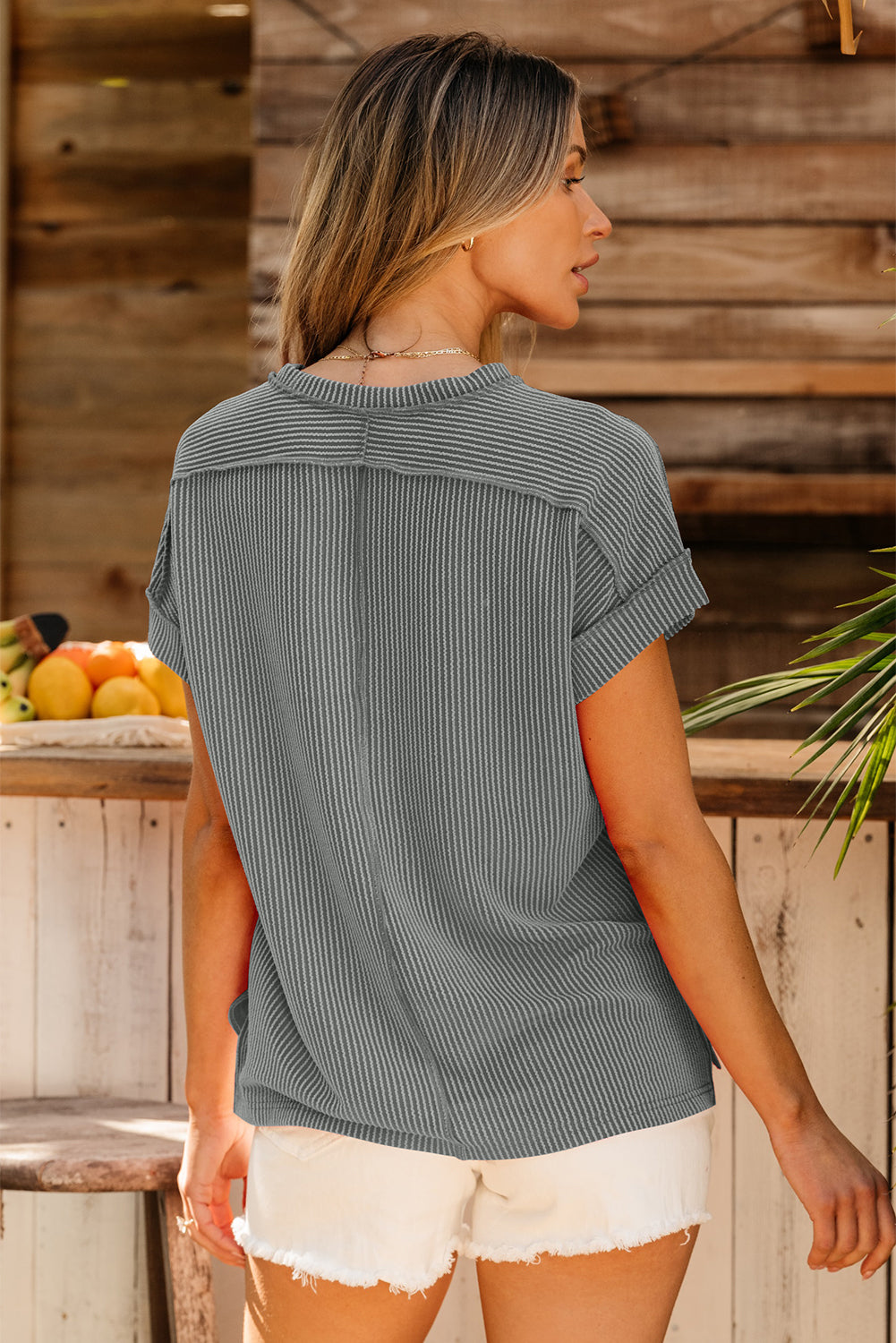 White Textured Knit Exposed Stitching T-shirt