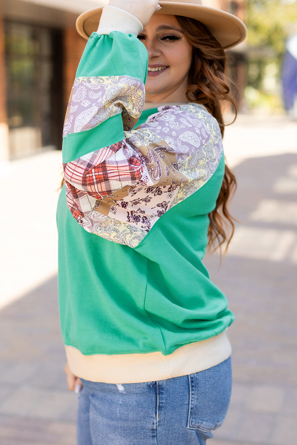 Sky Blue Plus Size Plaid Floral Patchwork Raglan Sleeve Sweatshirt Aaria Tees