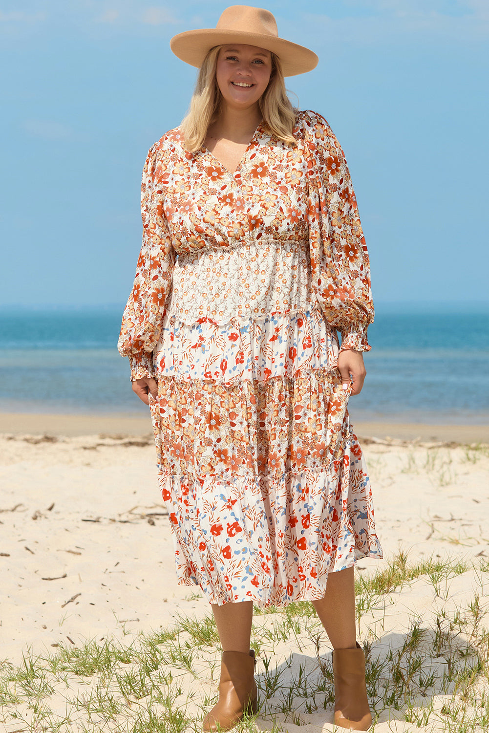 Khaki Plus Size Floral Tiered Ruffle Maxi Dress Aaria Tees Aaria Tees