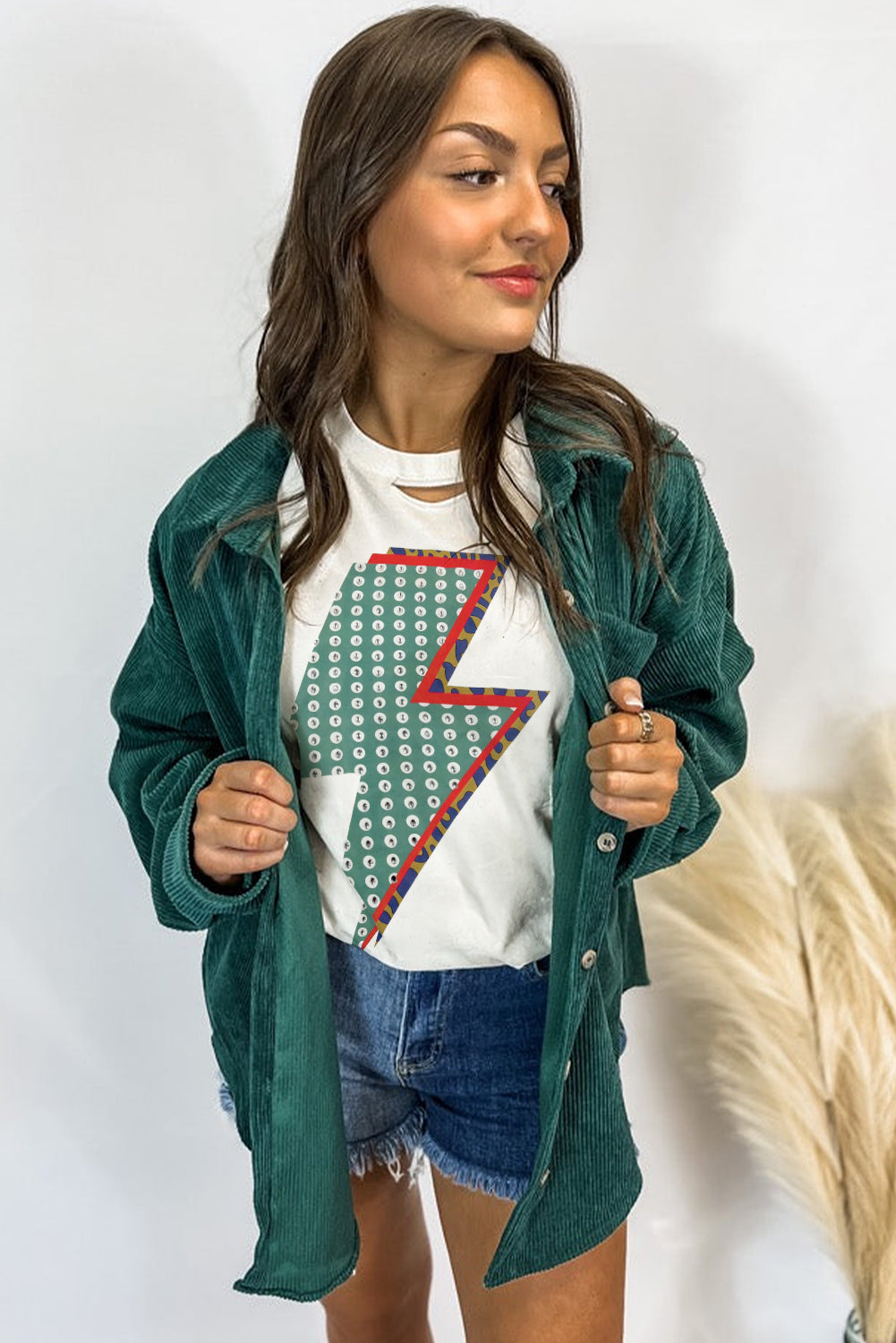 White Rhinestone Decor Bolt Graphic Ripped Western Tee Aaria Tees