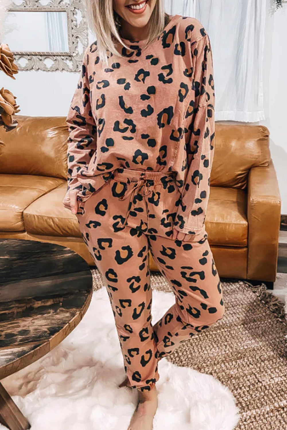 Pale Chestnut Leopard Long Sleeve Top and Drawstring Pants Set Aaria Tees Aaria Tees