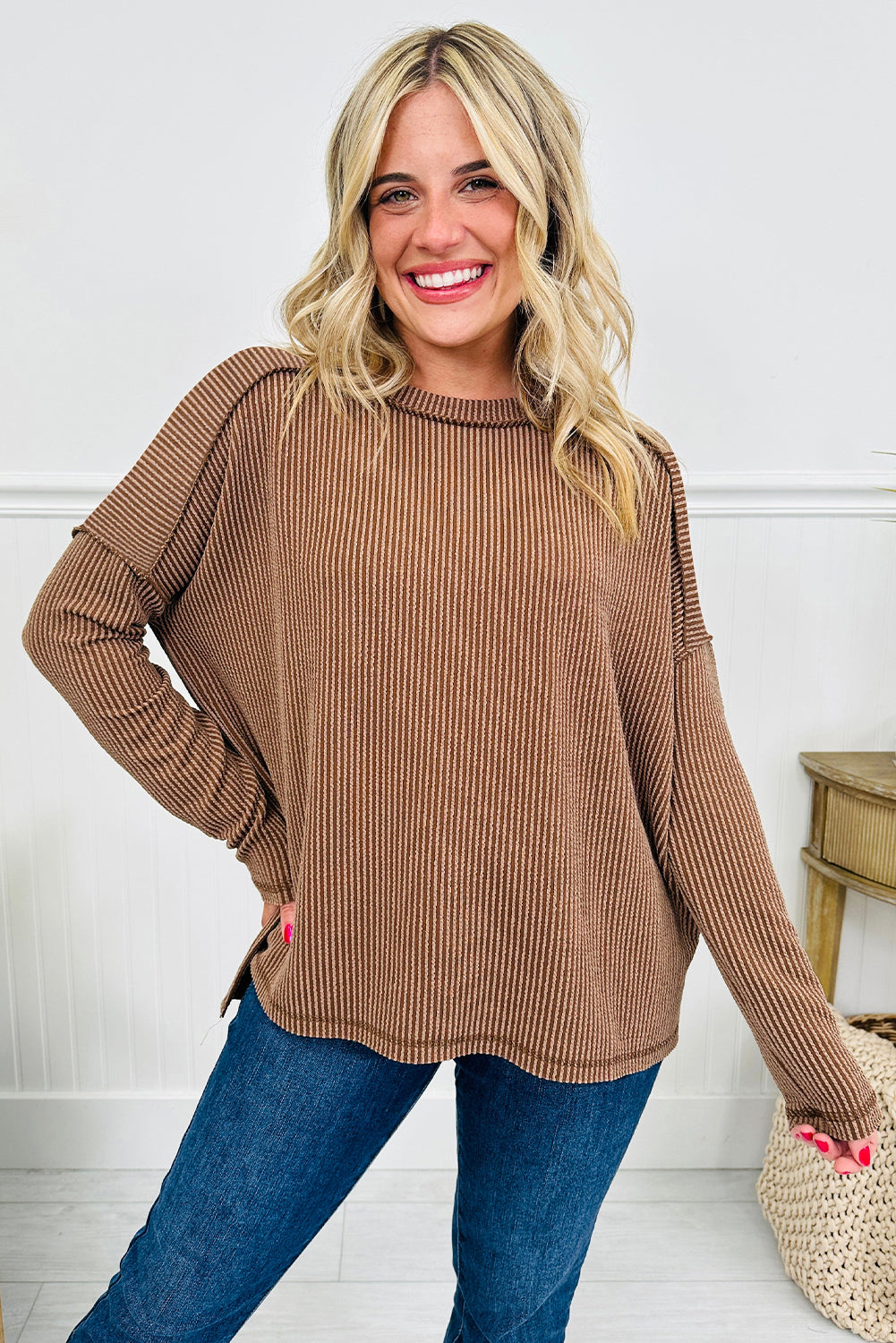 Dark Khaki Twist Ribbed Exposed Seam Detail Long Sleeve Loose Top