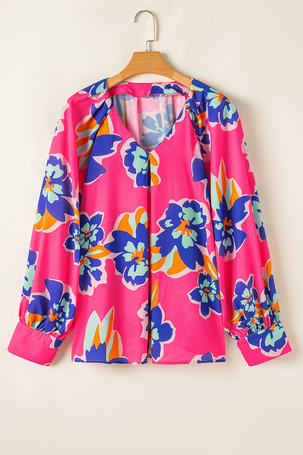 Rose Floral Pattern V Neck Balloon Sleeve Plus Size Blouse Aaria Tees Aaria Tees