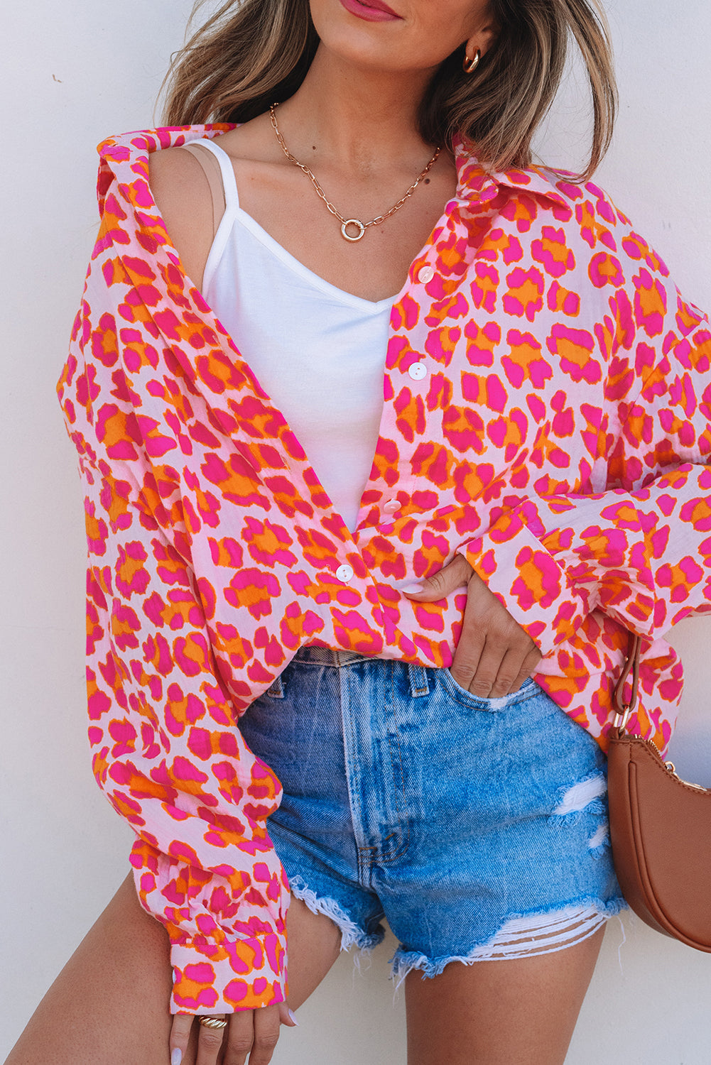 Rose Leopard Printed Button Up Loose Shirt - Aaria Tees