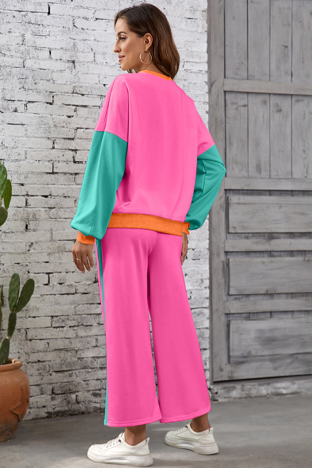 Light Pink 2pcs Color Block Pullover Loose Pant Set