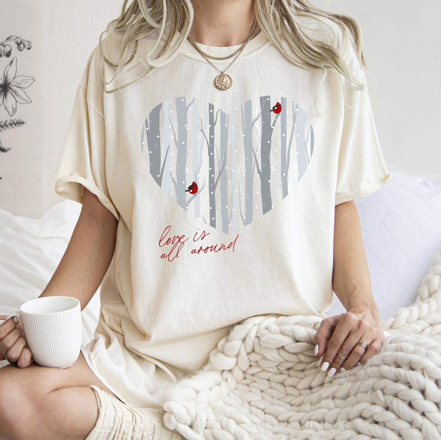 Love Is All Around, Winter Forest, Cardinal, Heart, Comfort Colors Tshirt, Valentine's Day