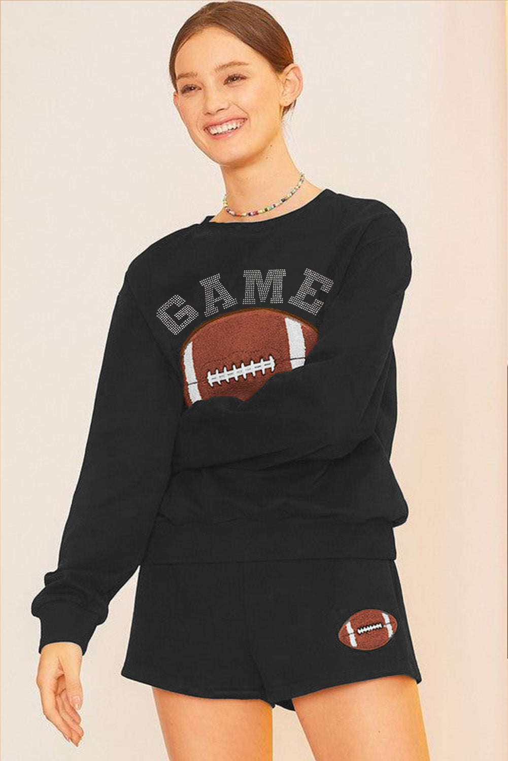 Black GAME DAY Rugby Football Graphic Pullover and Shorts Casual Outfit - Aaria Tees