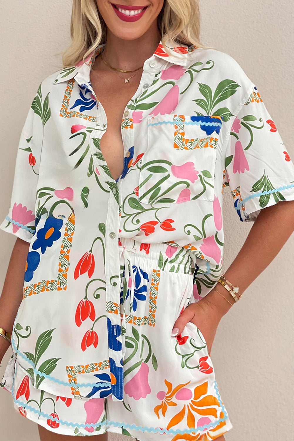 Ricrac Trim Floral Short Sleeve Shirt and Shorts Outfit Aaria Tees