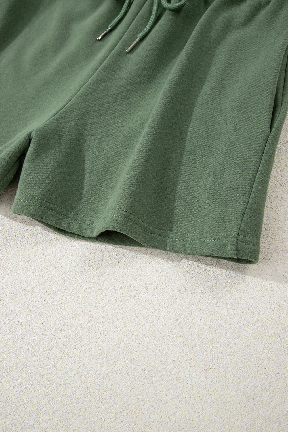 Mist Green Button Drawstring Hooded Pullover and Casual Short Set