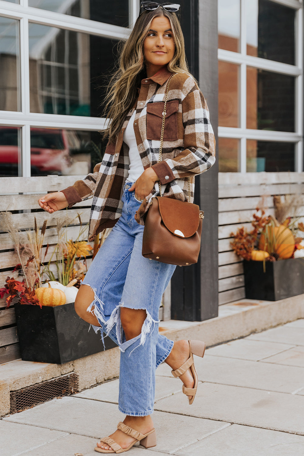 Phoebe Pocketed Buttoned Plaid Shirt Jacket Threaded Pear Aaria Tees