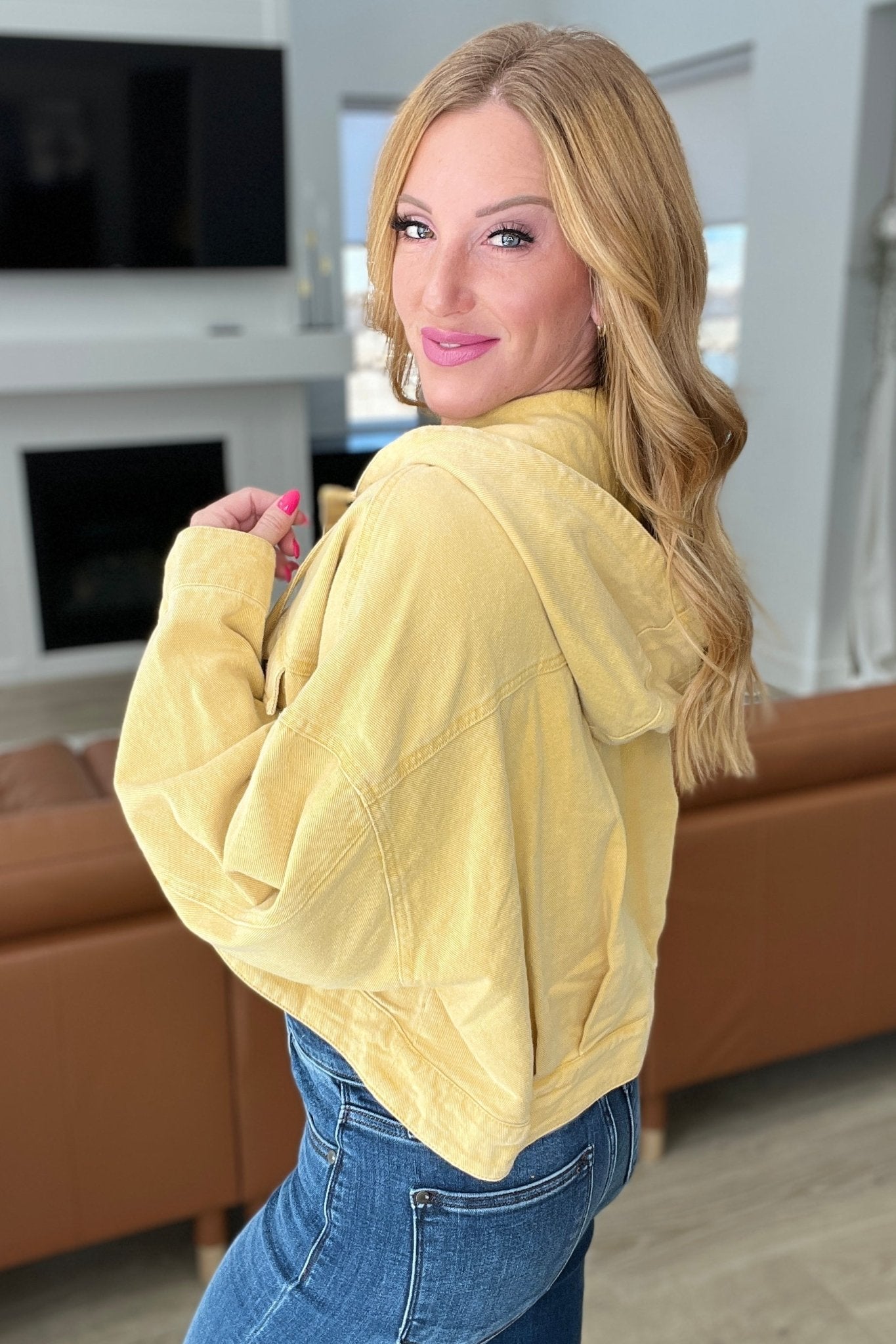 Cropped Hooded Denim Jacket in Mustard (Online Exclusive)