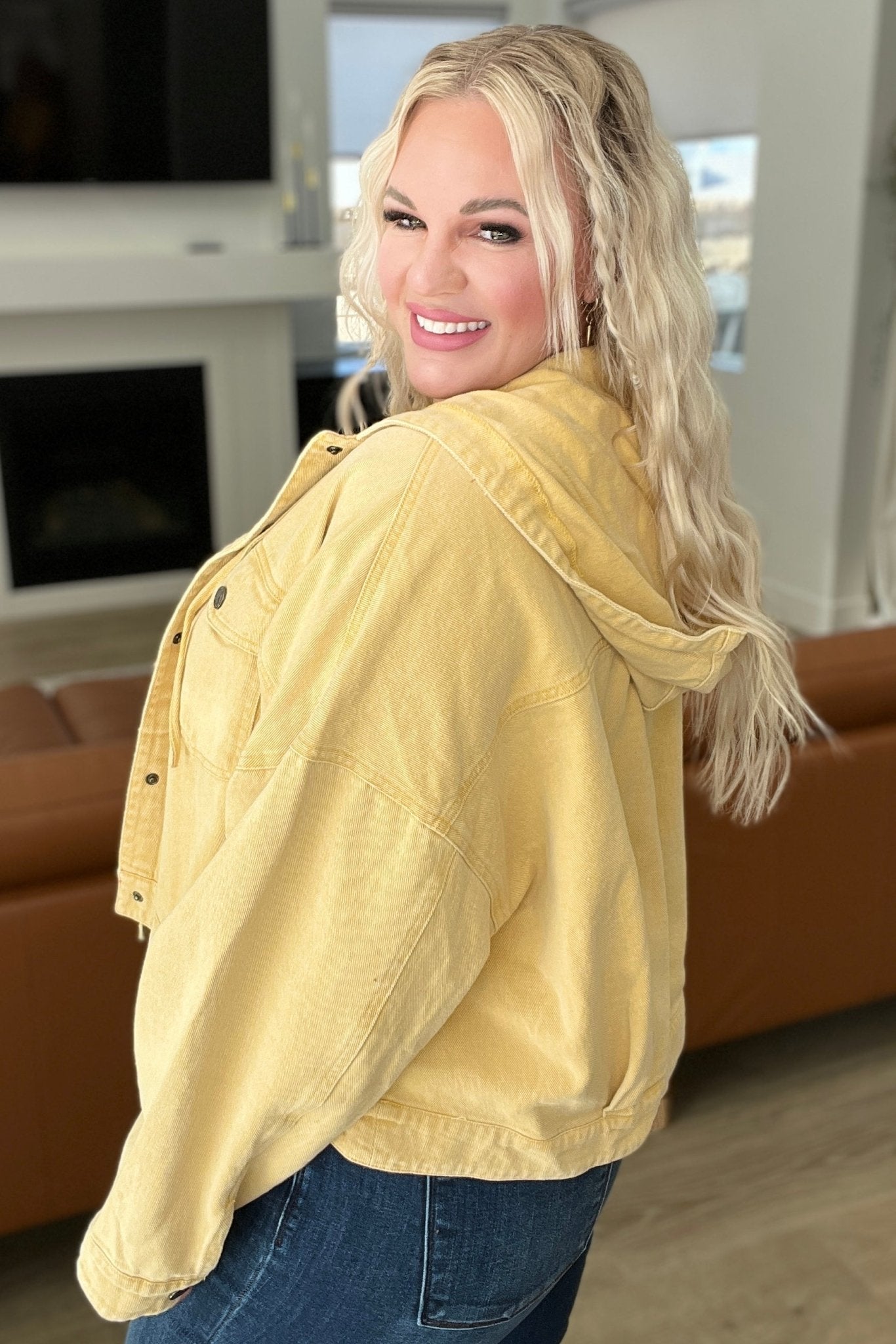 Cropped Hooded Denim Jacket in Mustard (Online Exclusive)