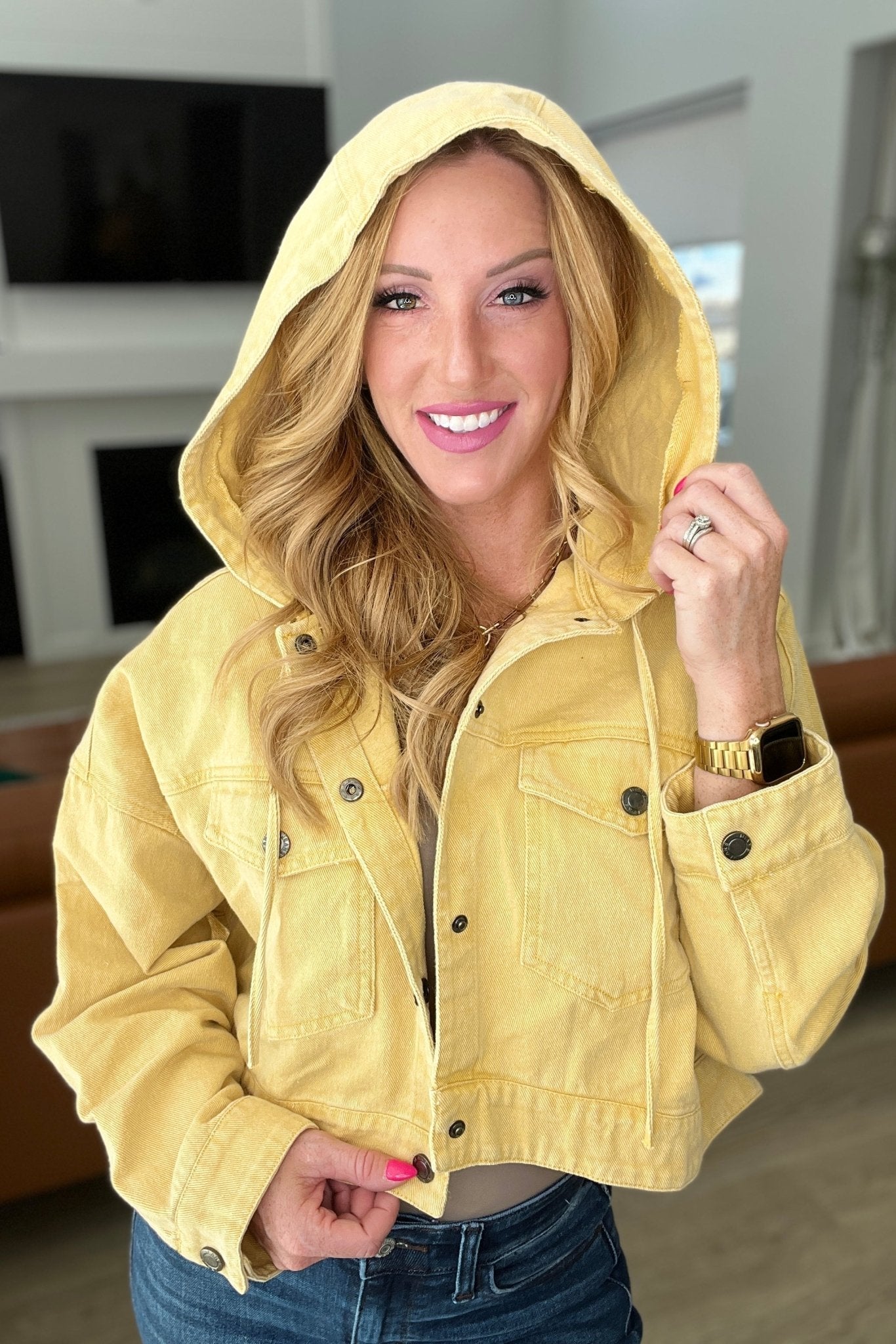 Cropped Hooded Denim Jacket in Mustard (Online Exclusive)