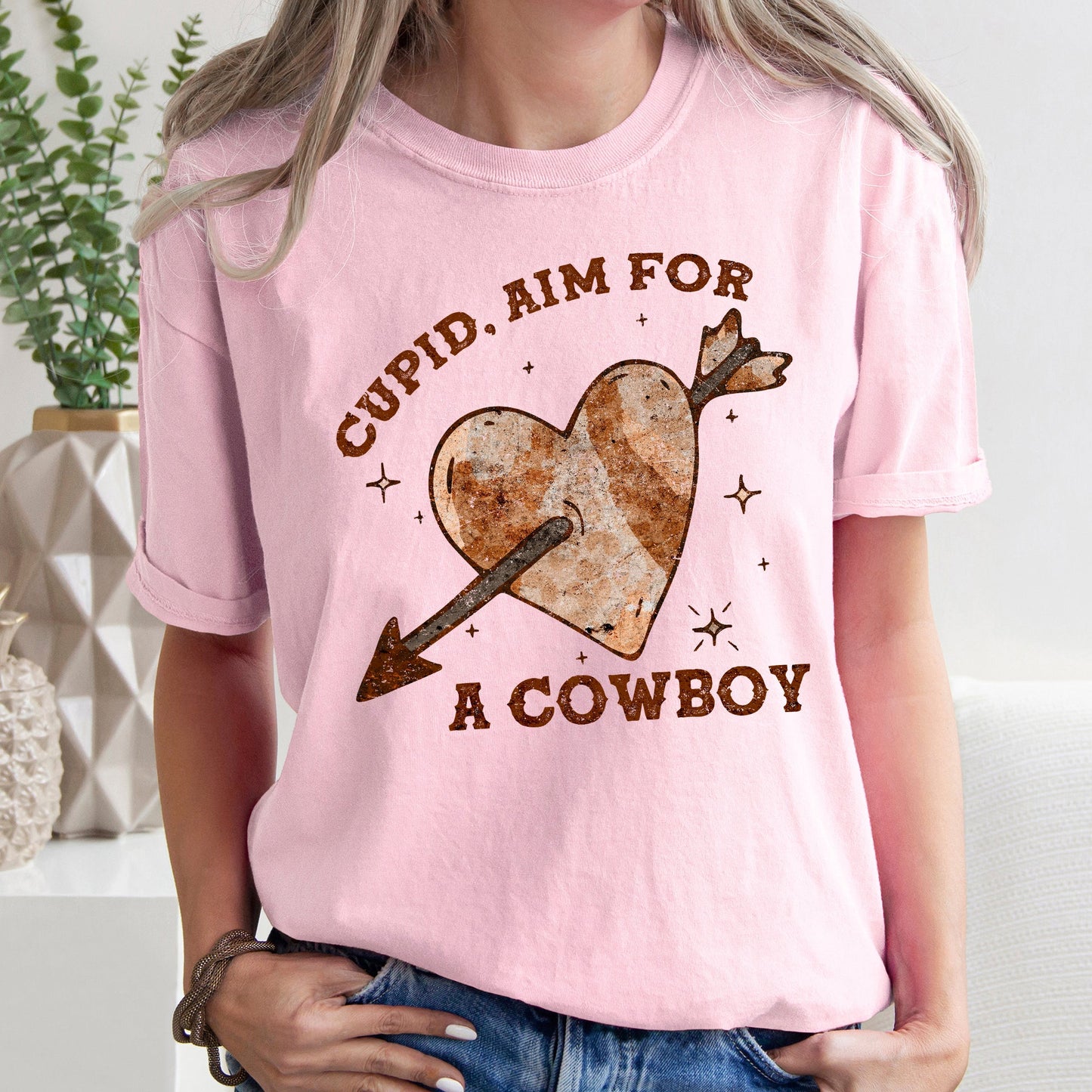 Cupid Aim For A Cowboy, Heart, Western, Country, Comfort Colors Tshirt, Valentine's Day