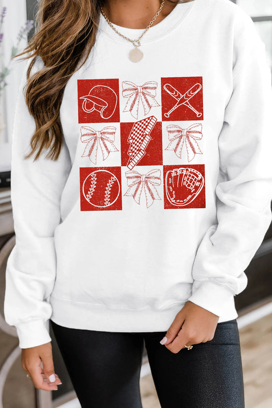 White Baseball Fashion Graphic Cotton Blend Casual Sweatshirt