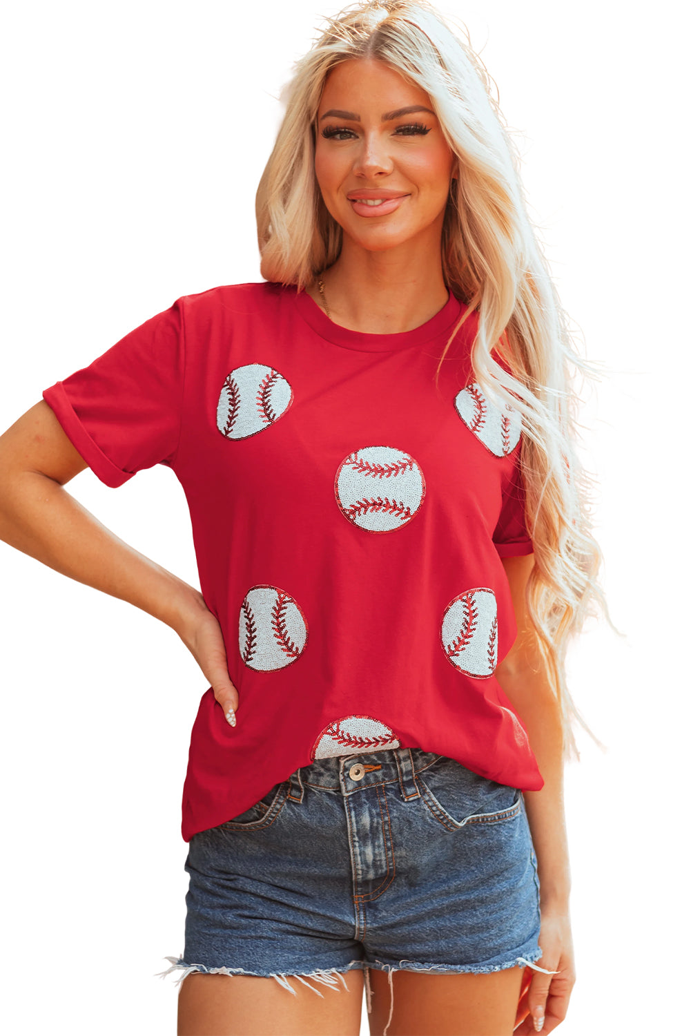 Red Glittering Rugby Pattern Crew Neck Game Day T Shirt