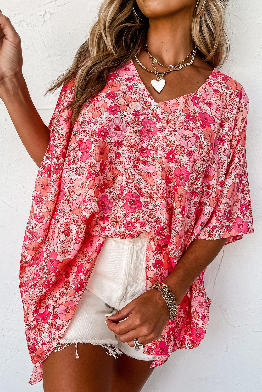 Pink Boho Floral V Neck Kimono Style Blouse Aaria Tees