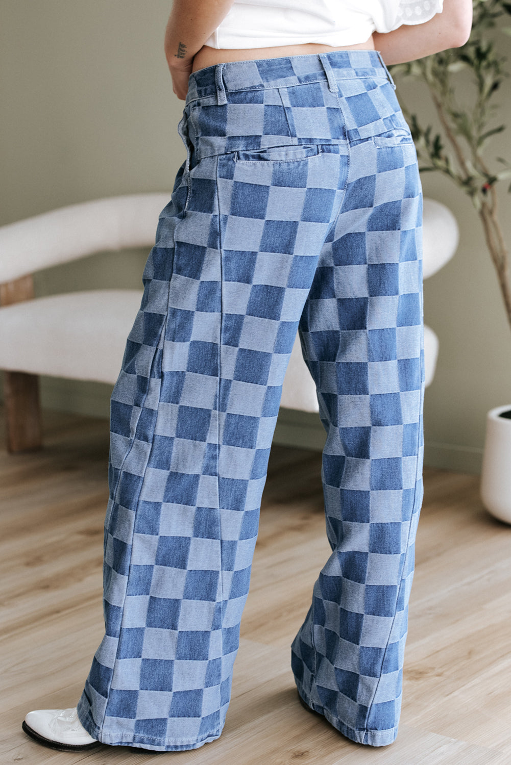 Dusk Blue Checkered Denim Wide Leg Jeans - Aaria Tees